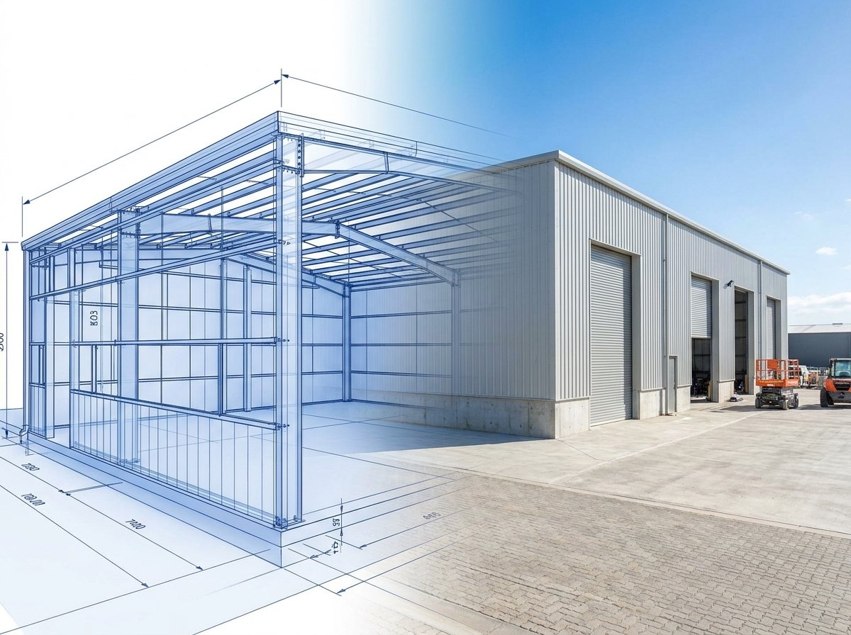 Metal building shown as a 3D design blueprint transitioning into the finished building